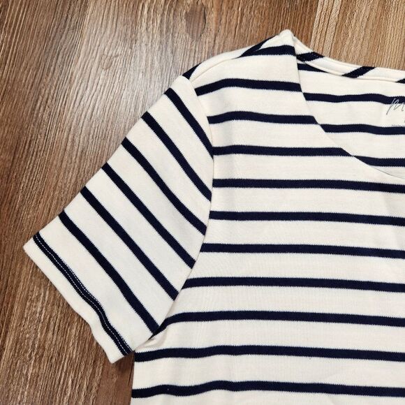 🔸️NWT Marled Ivory & Navy Stripe Short Sleeve Top XSmall - Picture 4 of 6